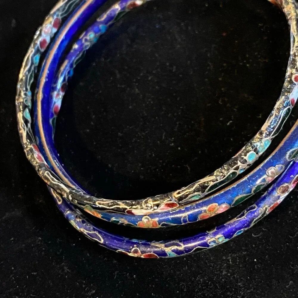 Set of 3 Vintage Cloisonne Bangle Bracelets Flowers Designs Colors
